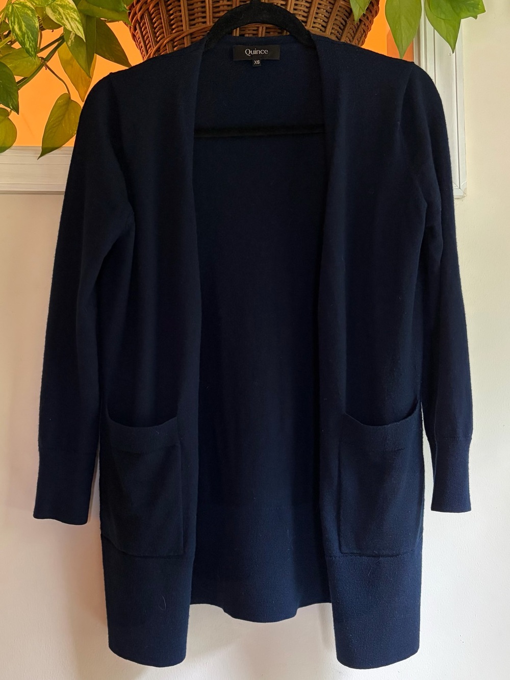 Quince Open-Front Navy Long Cardigan Sweater Pockets XS